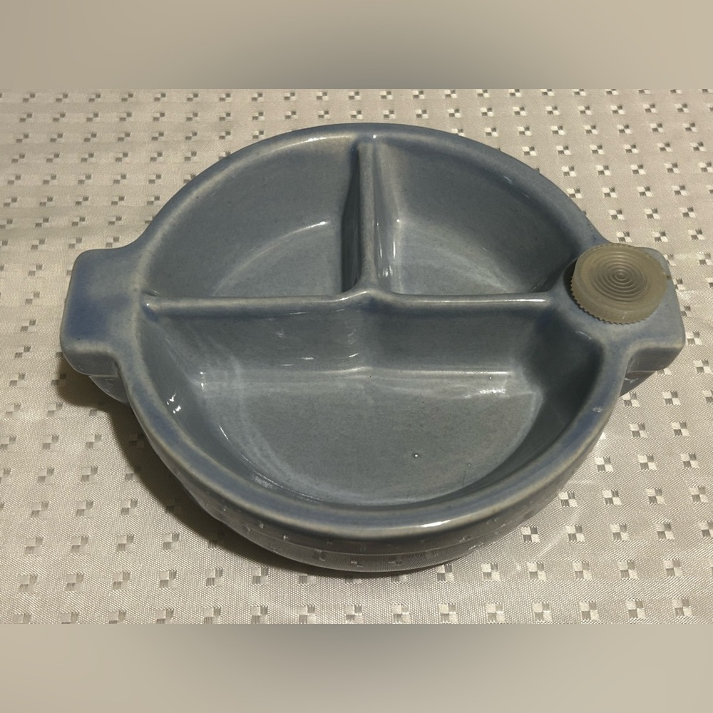 Vintage Blue Ceramic Pottery Round Divided Infant Food Warming Dish Hankscraft